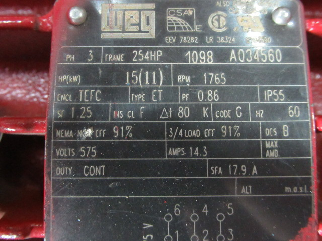 Weg 15HP 1765RPM 575V 254VP TEFC 3PH 14.5A 60hz USED