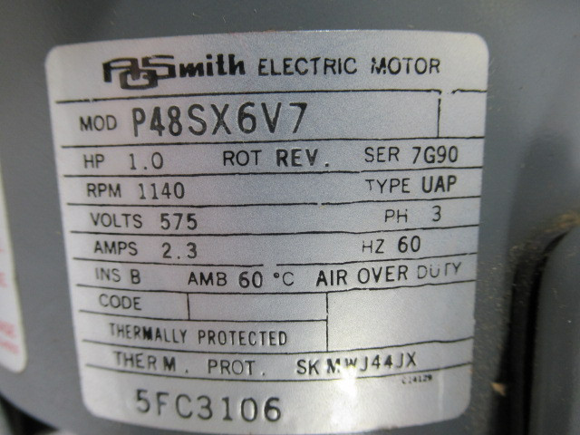 AO Smith 1.0HP 1140RPM 575V 3PH 2.3A 60Hz USED