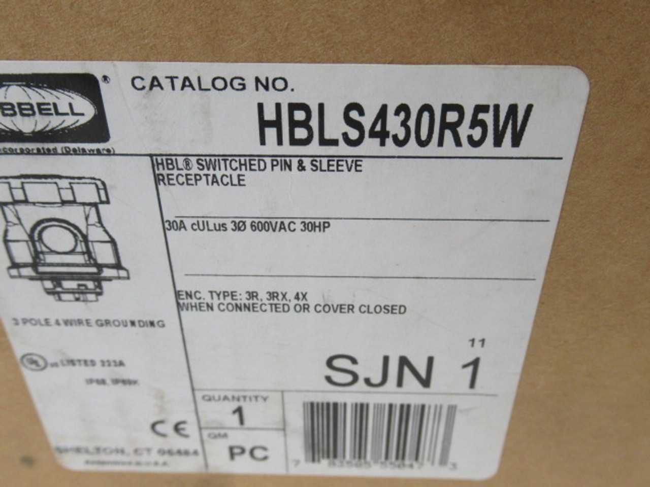 Hubbell HBLS430R5W Switched Pin & Sleeve Receptacle 20A 3Ph 600VAC ! NEW !