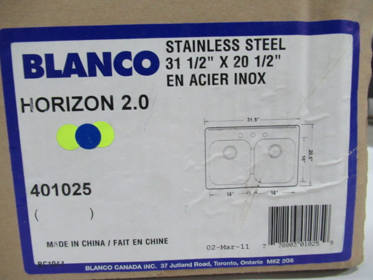 Blanco 401025 Horizon 2.0 Stainless Steel Sink 31-1/2" x 20-1/2" ! NEW !