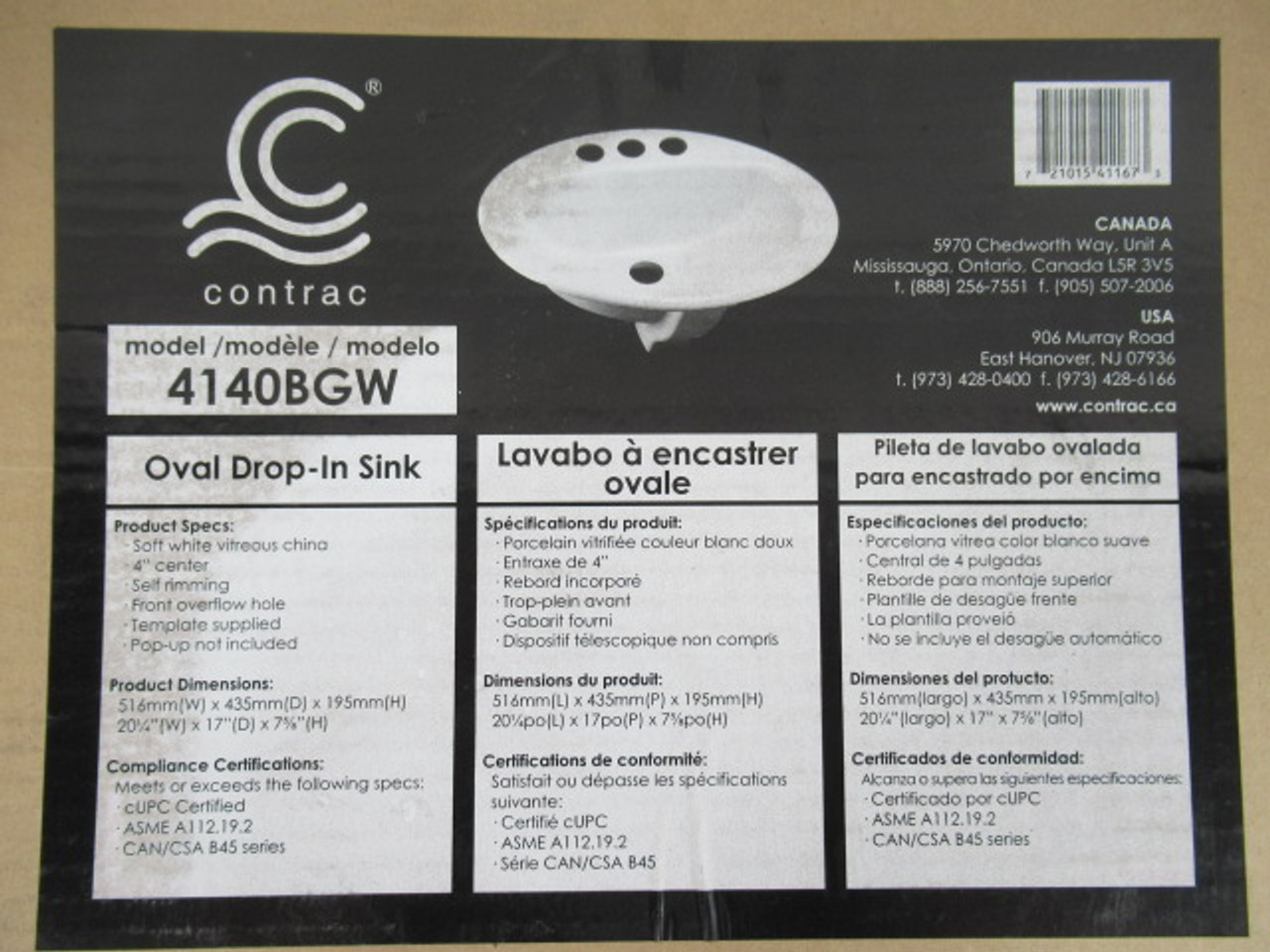 Contrac 4140BGW Soft White Oval Drop-In Sink Vitreous China 4" Center ! NEW !