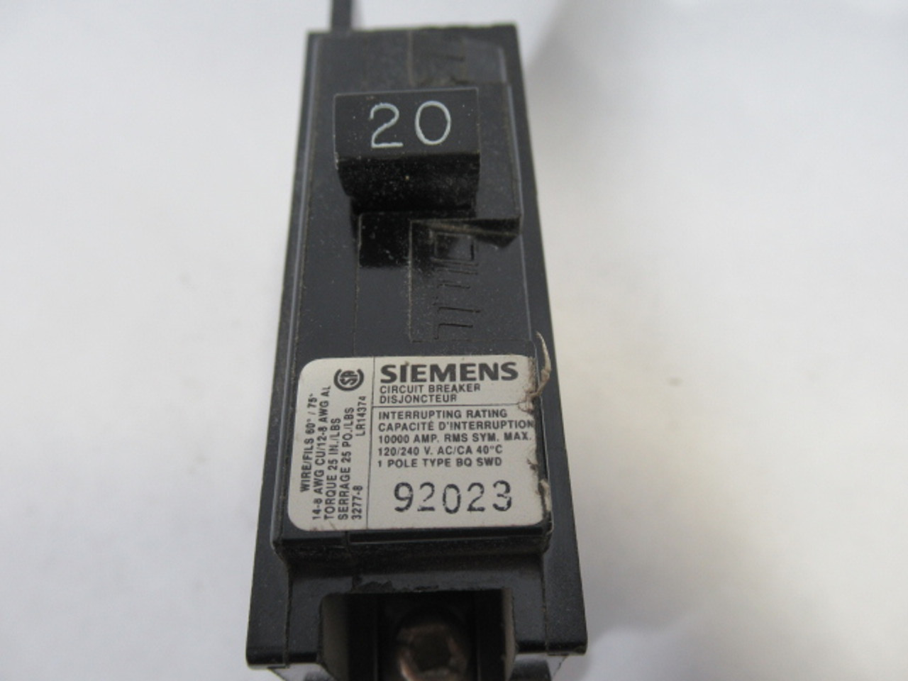 Siemens BQSWD120 Circuit Breaker 20A 120/240VAC 1Pole USED