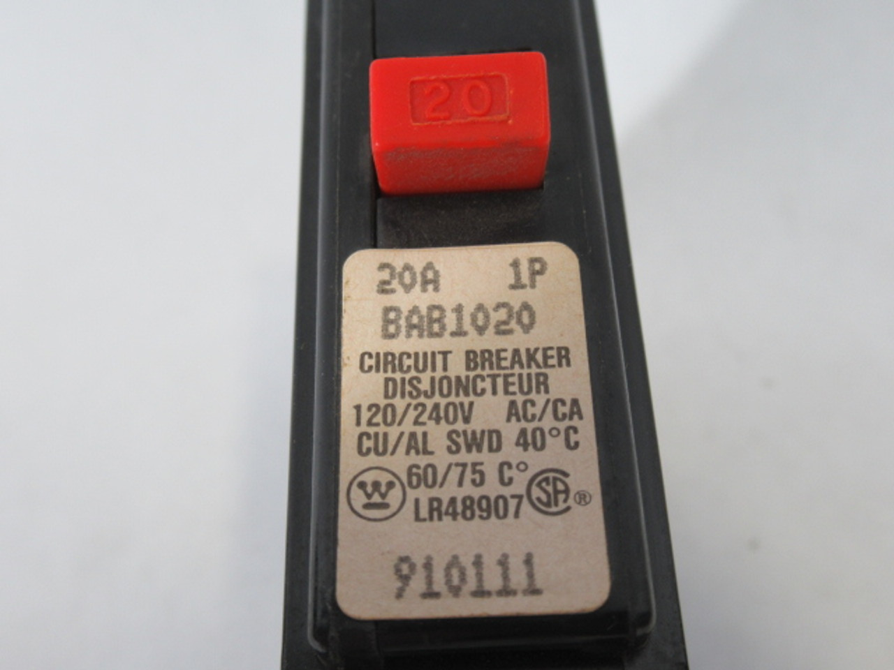 Westinghouse BAB1020 Circuit Breaker 20A 120/240V 1 Pole USED