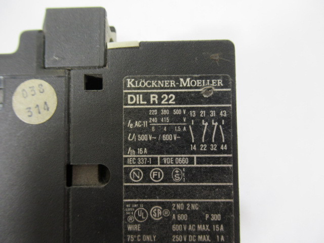 Klockner-Moeller DILR22 Contactor 500/600V 16A Coil 110/120V 50/60Hz USED