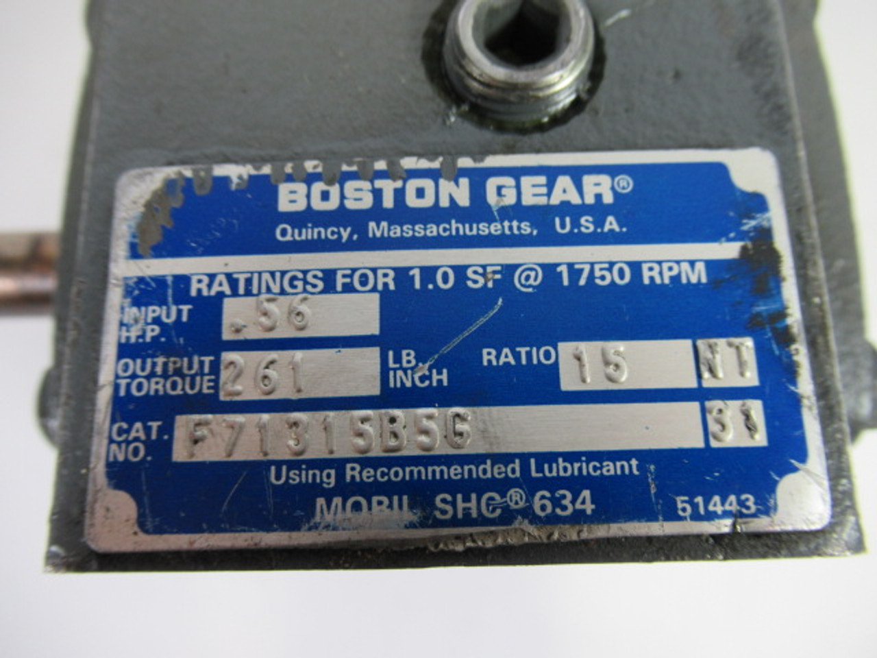 Boston Gear F71315B5G Gear Reducer 15:1 261lb-in Out@1750rpm .56HP In USED