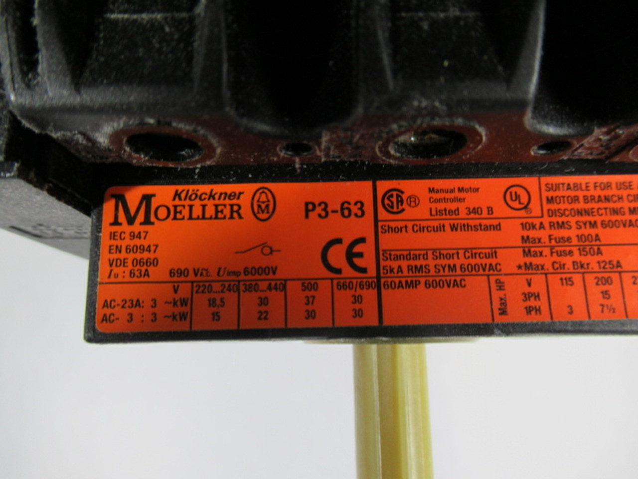 Moeller P3-63/1/SVB Disconnect Switch 63A 690VAC 3P *No Handle & Top* ! AS IS !