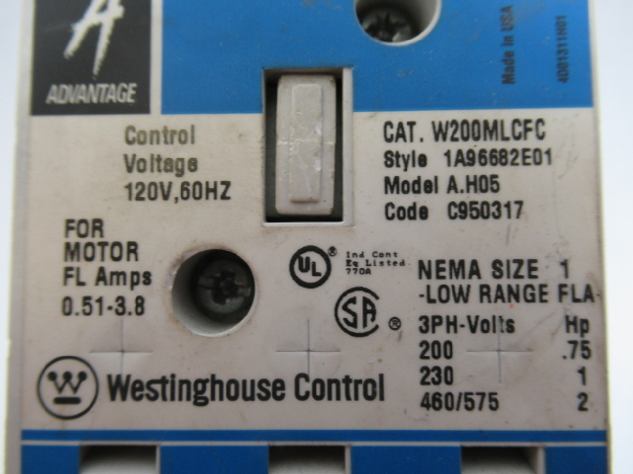 Westinghouse W200MLCFC Size 1 Non Reversing Starter Missing Parts ! AS IS !