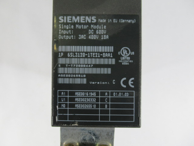 Siemens 6SL3120-1TE21-8AA1 Single Motor Drive 600VDC In 400V 18A Out USED