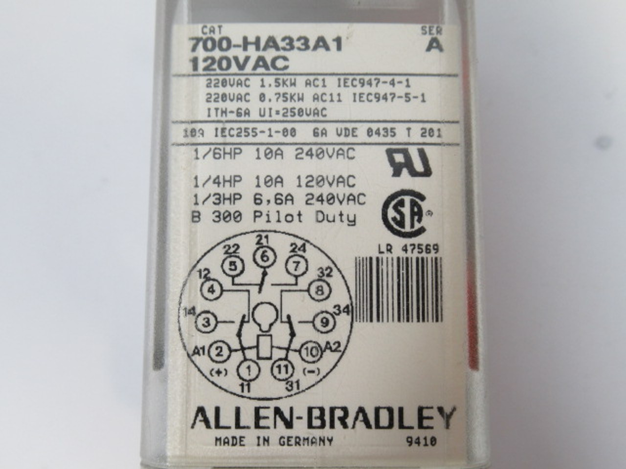 Allen-Bradley 700-HA33A1 Tube Base Relay 120VAC 10A 1/6HP SER A USED