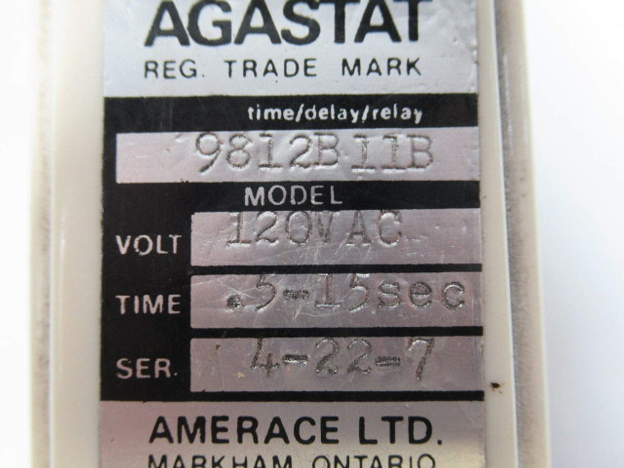 Agastat 9812B11B Time Delay Relay 120VAC 60Hz 10A 0.5-15 Seconds USED
