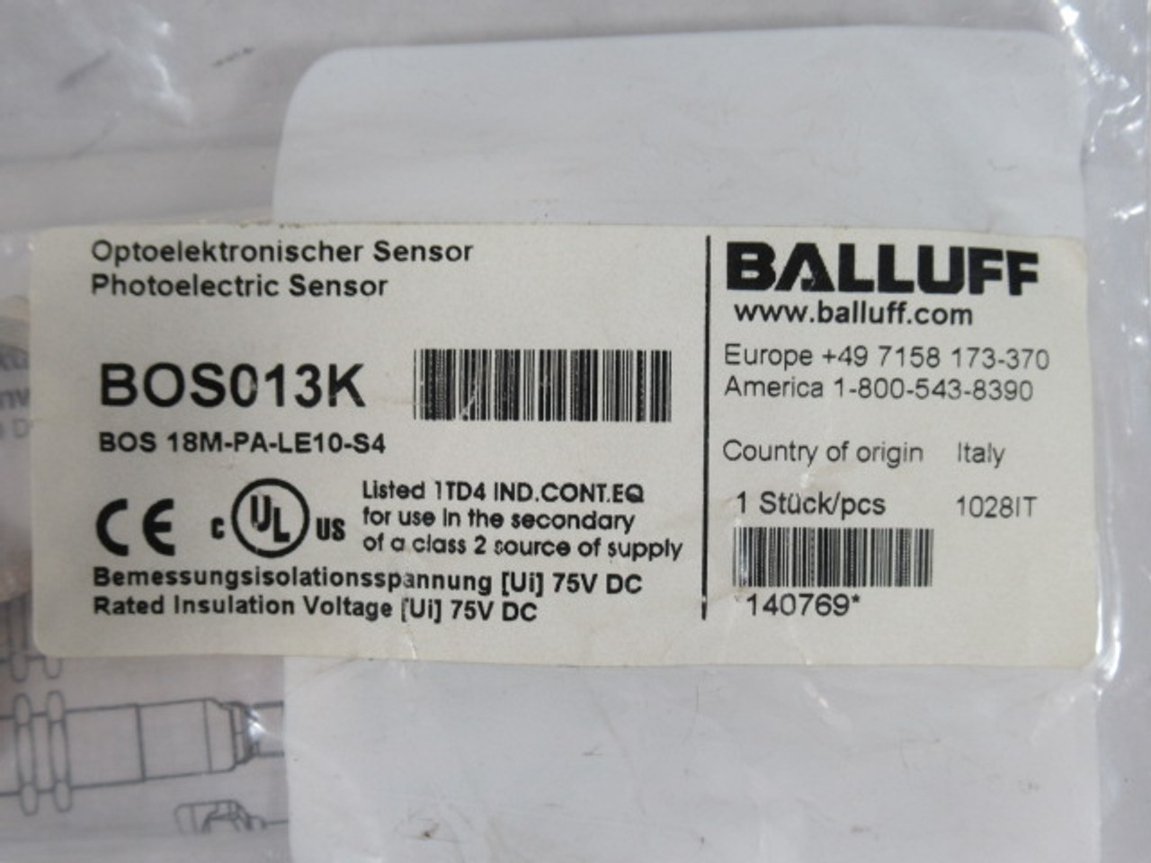 Balluff BOS-18M-PA-LE10-S4 Photoelectric Sensor 10-30VDC <100mA 0-60m ! NEW !