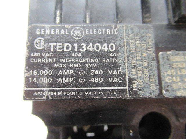 General Electric TED134040 Circuit Breaker 3 Pole 40Amp 480VAC USED