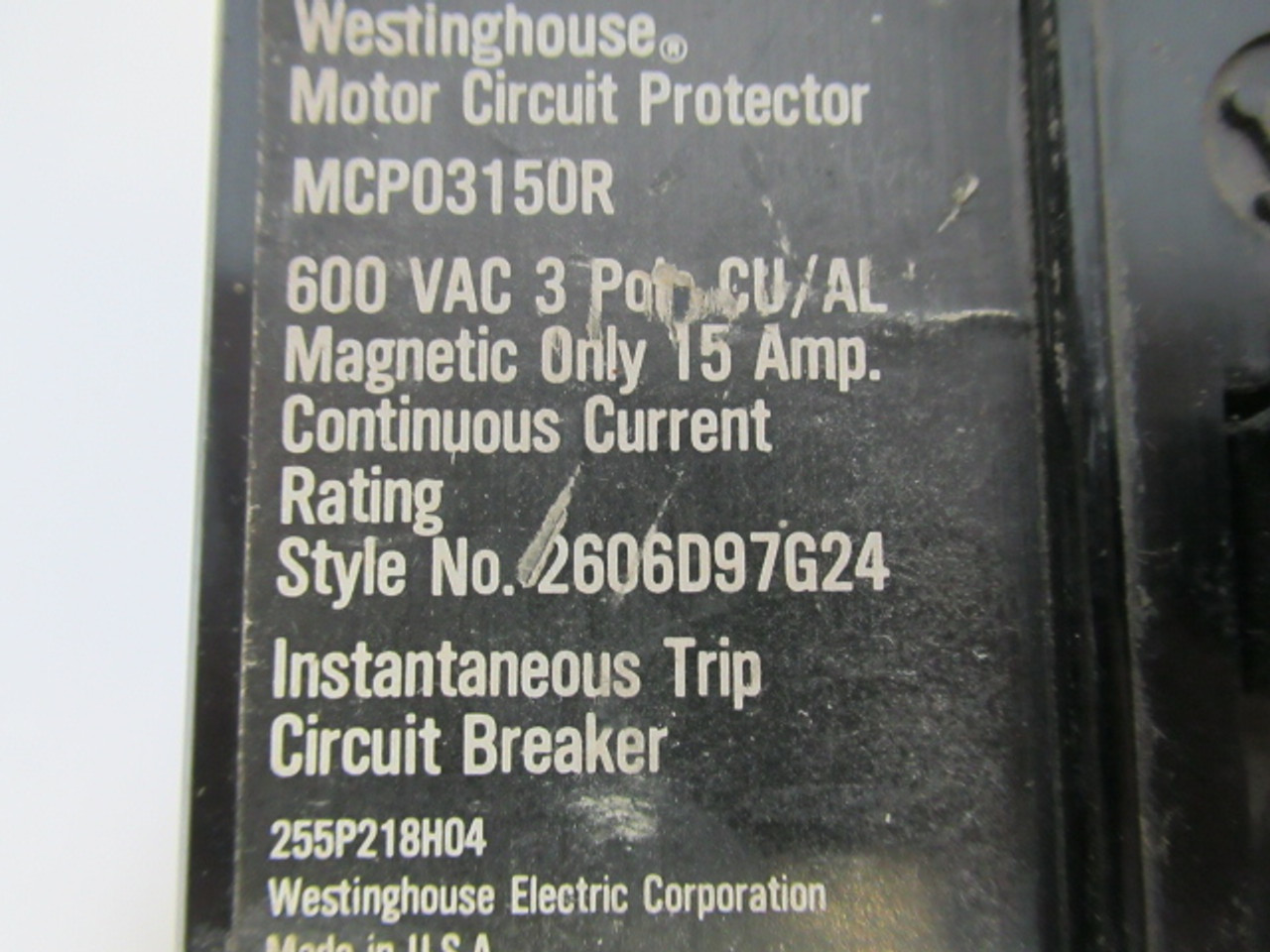 Westinghouse MCP03150R Circuit Breaker 600VAC 3Pole 15A USED