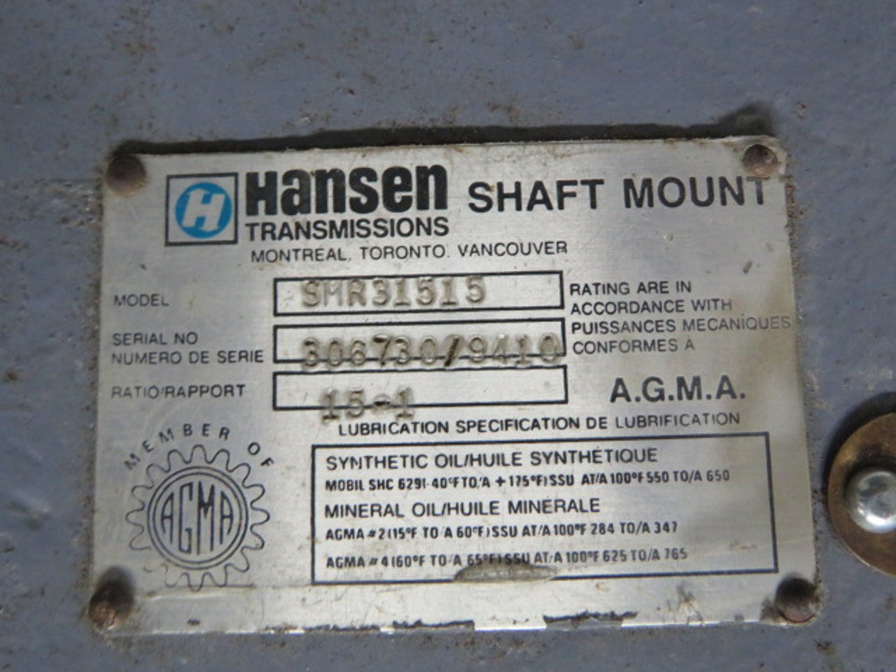 Hansen SMR31515 Shaft Mount Gear Reducer 15:1 Ratio USED