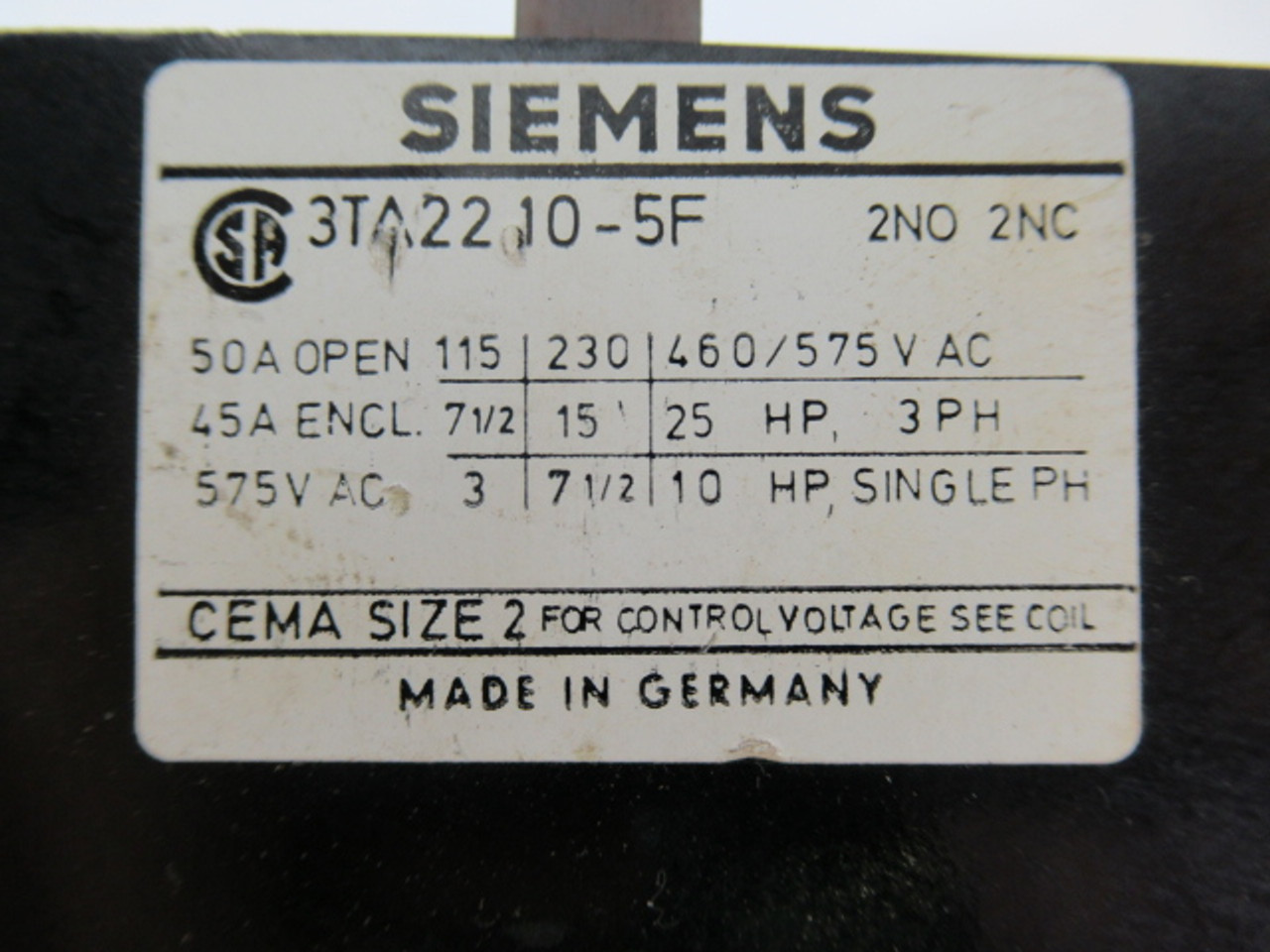 Siemens 3TA2210-5F Contactor 96V@50Hz 115V@60Hz 3P 3PH 2 N.O 2 N.C USED
