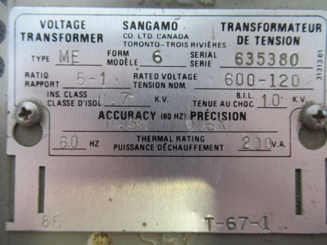 Sangamo ME-6 Voltage Transformer 200VA 600-120V 5:1 Ratio USED