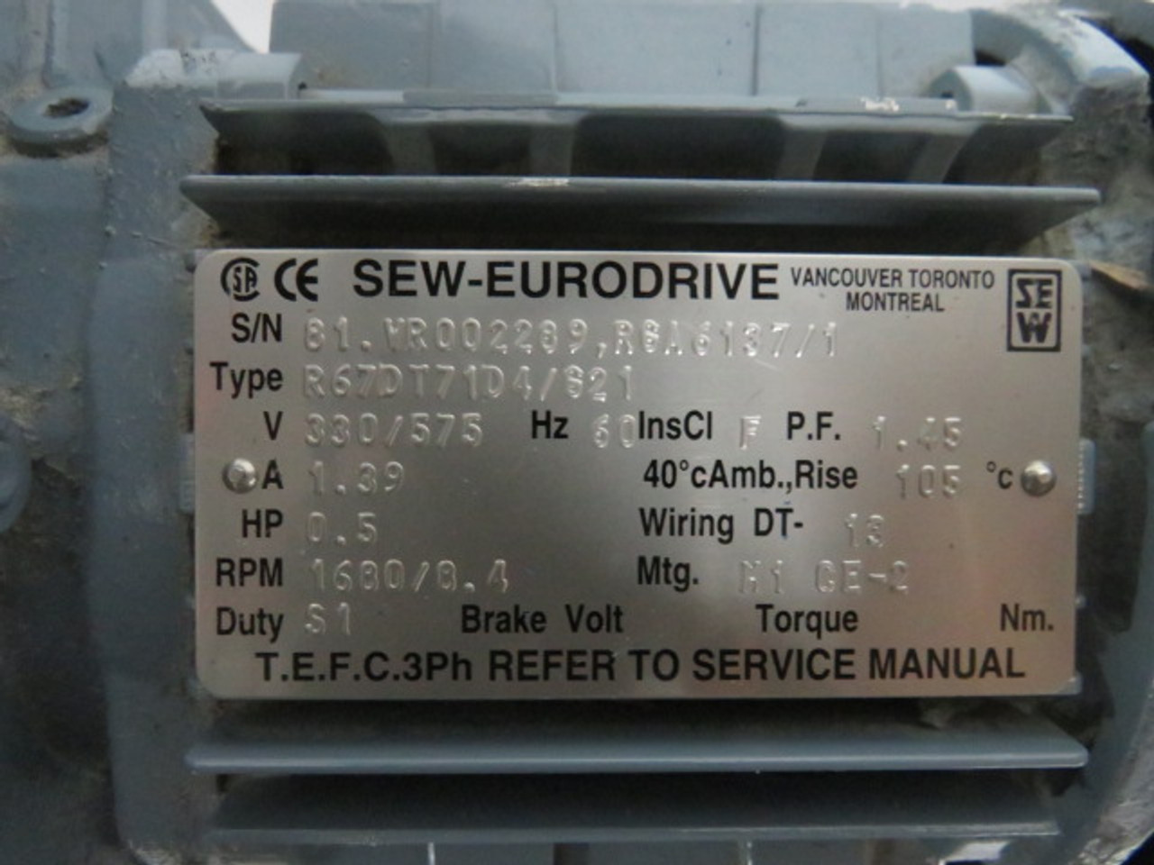 Sew-Eurodrive 0.5HP 1680-8.4RPM 330-575V TEFC 3Ph C/W Reducer 199.81:1 USED