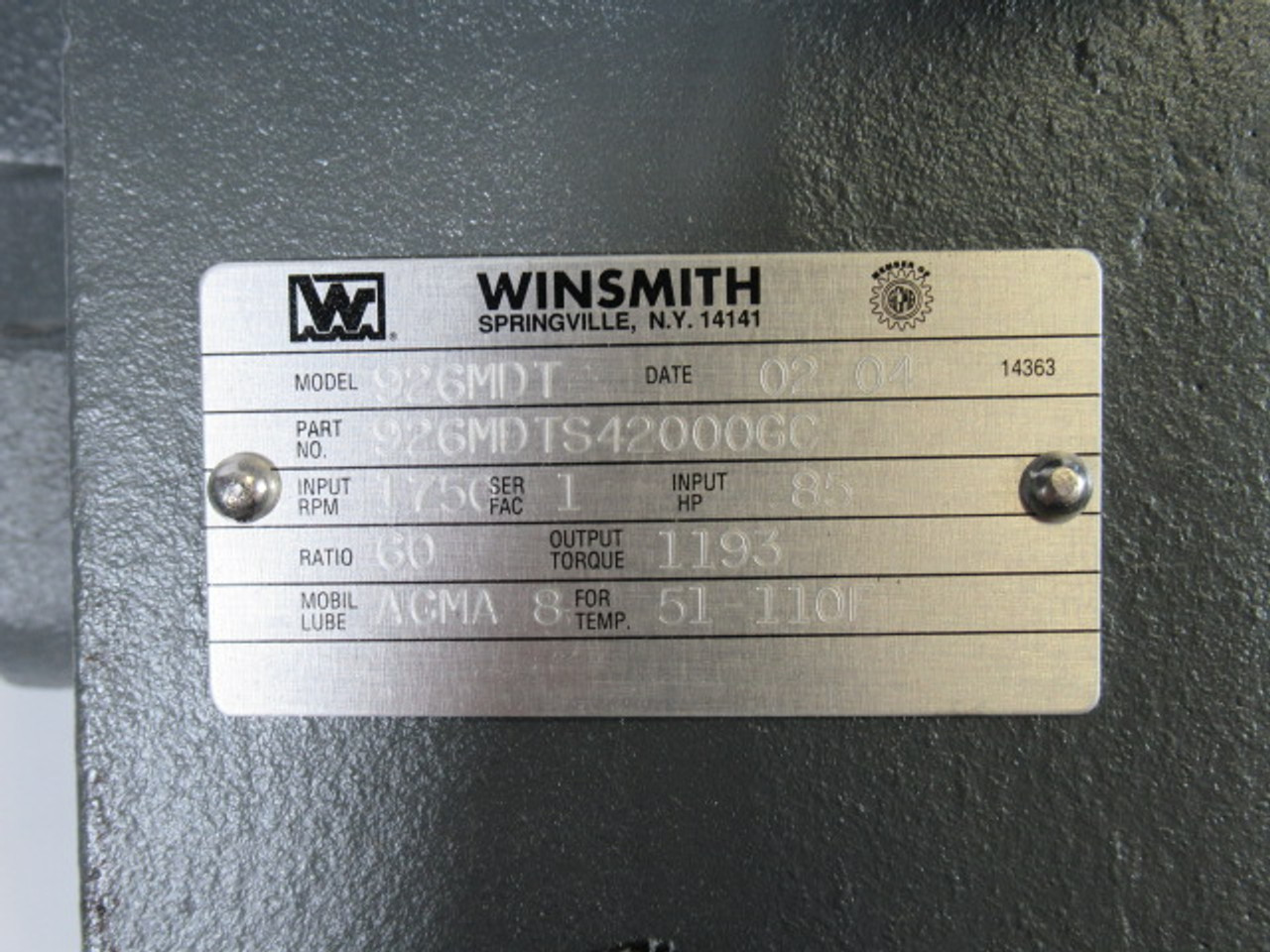 Winsmith Right Angle Speed Reducer 60:1 1193lb-in 85HP@1750rpm USED