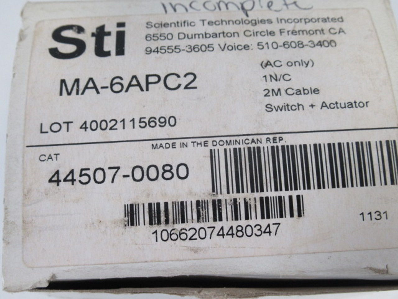 STI 44507-0080 MA-6APC2 Safety Interlock Switch NO ACTUATOR NEW