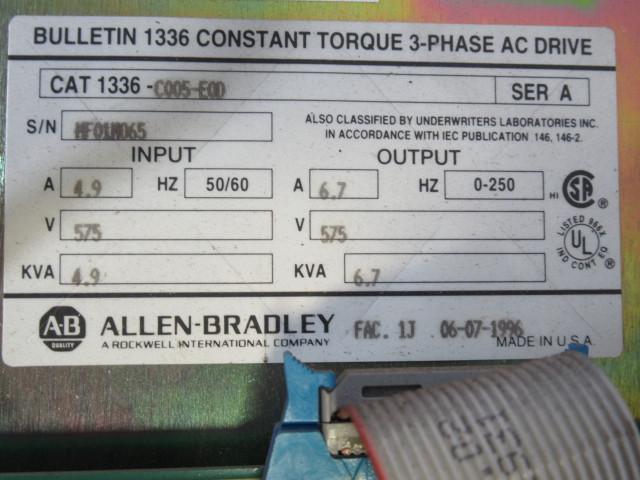 Allen-Bradley 1336-C005-E0D AC Motor Drive 3Ph 575V 4.950/60Hz 4.9kVA USED