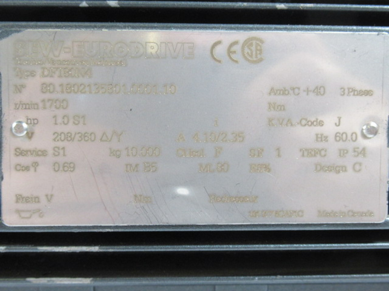 Sew-Eurodrive 1.0HP 1700RPM 208/360V TEFC 3Ph C/W Gear Reducer 123.54:1 ! NOP !
