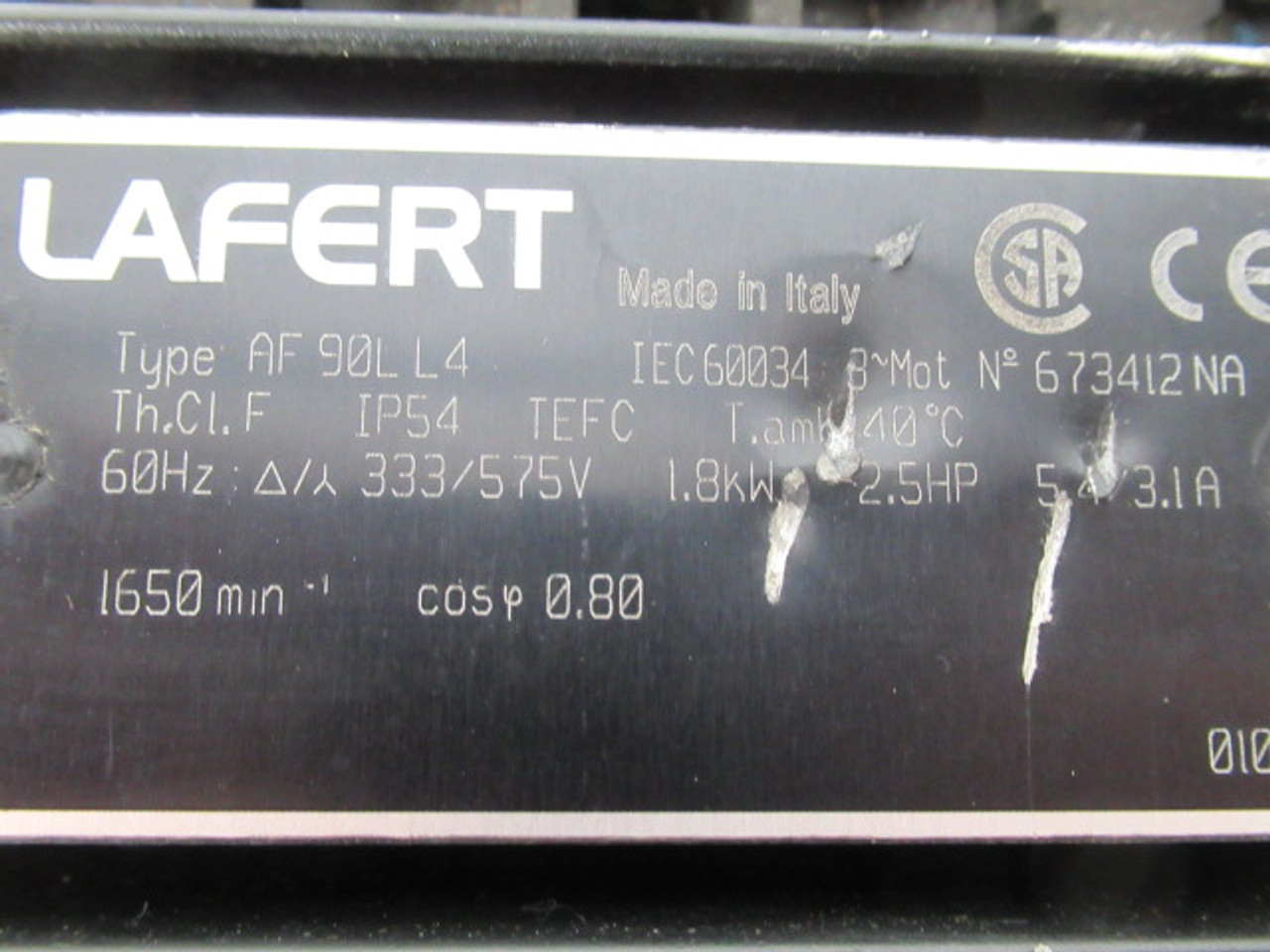 Lafert 2.5HP 1650RPM 333/575V 5.4/3.1A 60Hz C/W Gear Reducer & Brake USED