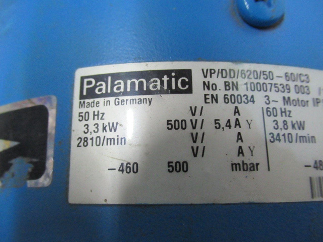 Palamatic Vacuum Pump C/W 3.5kW 2810/3410RPM 500/575V TEFC 3Ph 5.4A USED