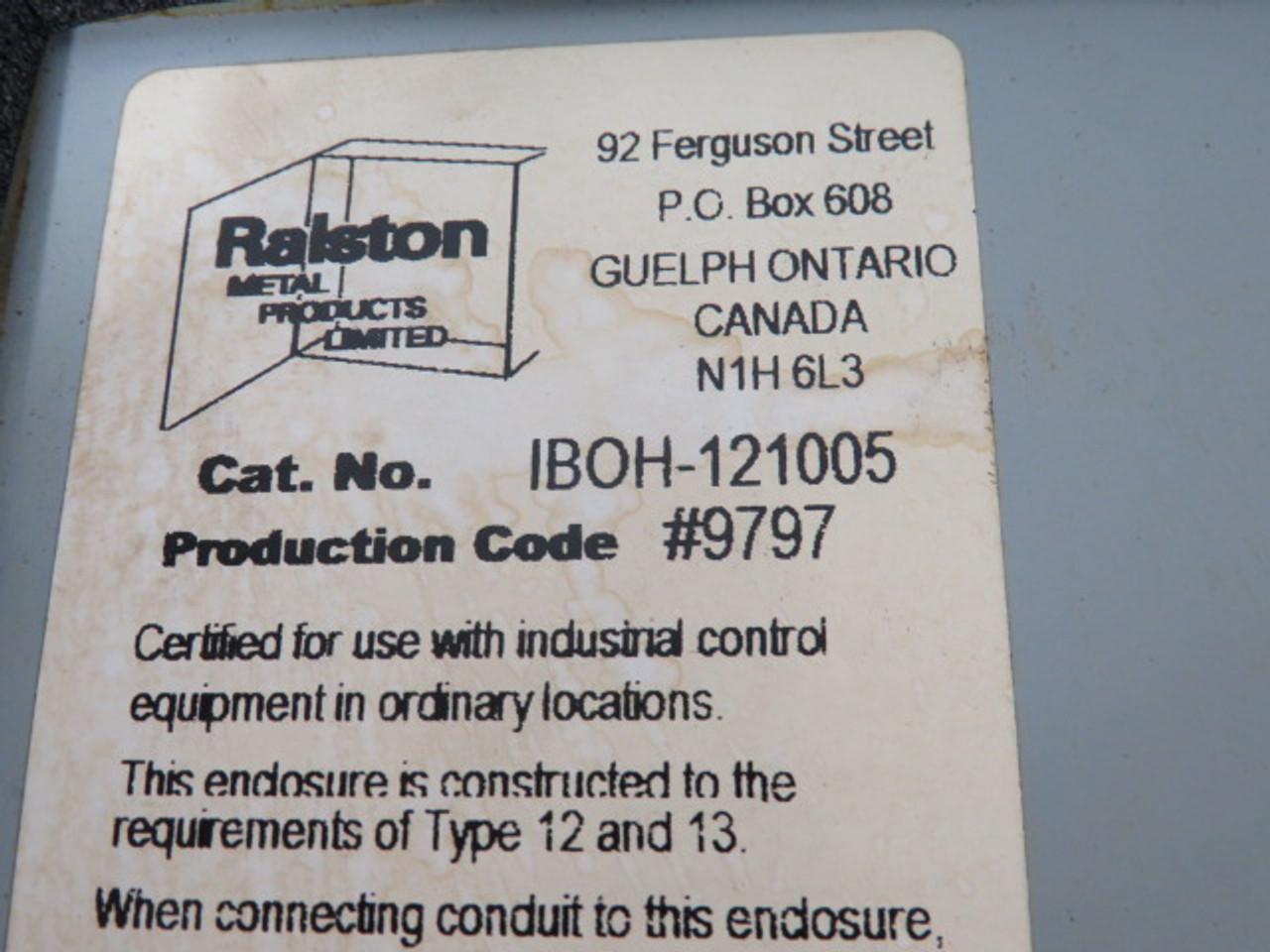 Ralston IBOH-121005 Junction Box 14"x11"x5" USED