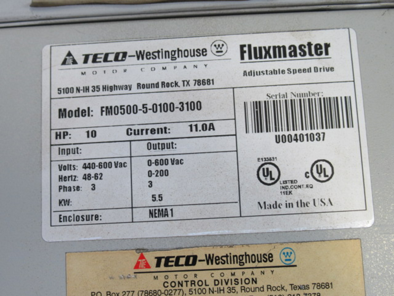Teco FM0500-5-0100-3100 Fluxmaster Adj. Speed Drive w/AQ004T3 Bus Choke USED