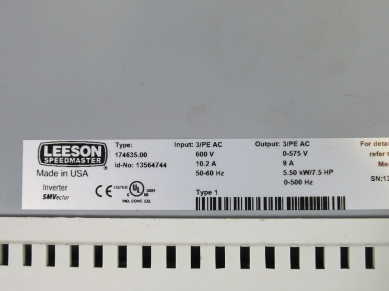 Leeson 174635.00 AC Drive 7.5HP 3Ph 0-575V 9A 0-500Hz USED