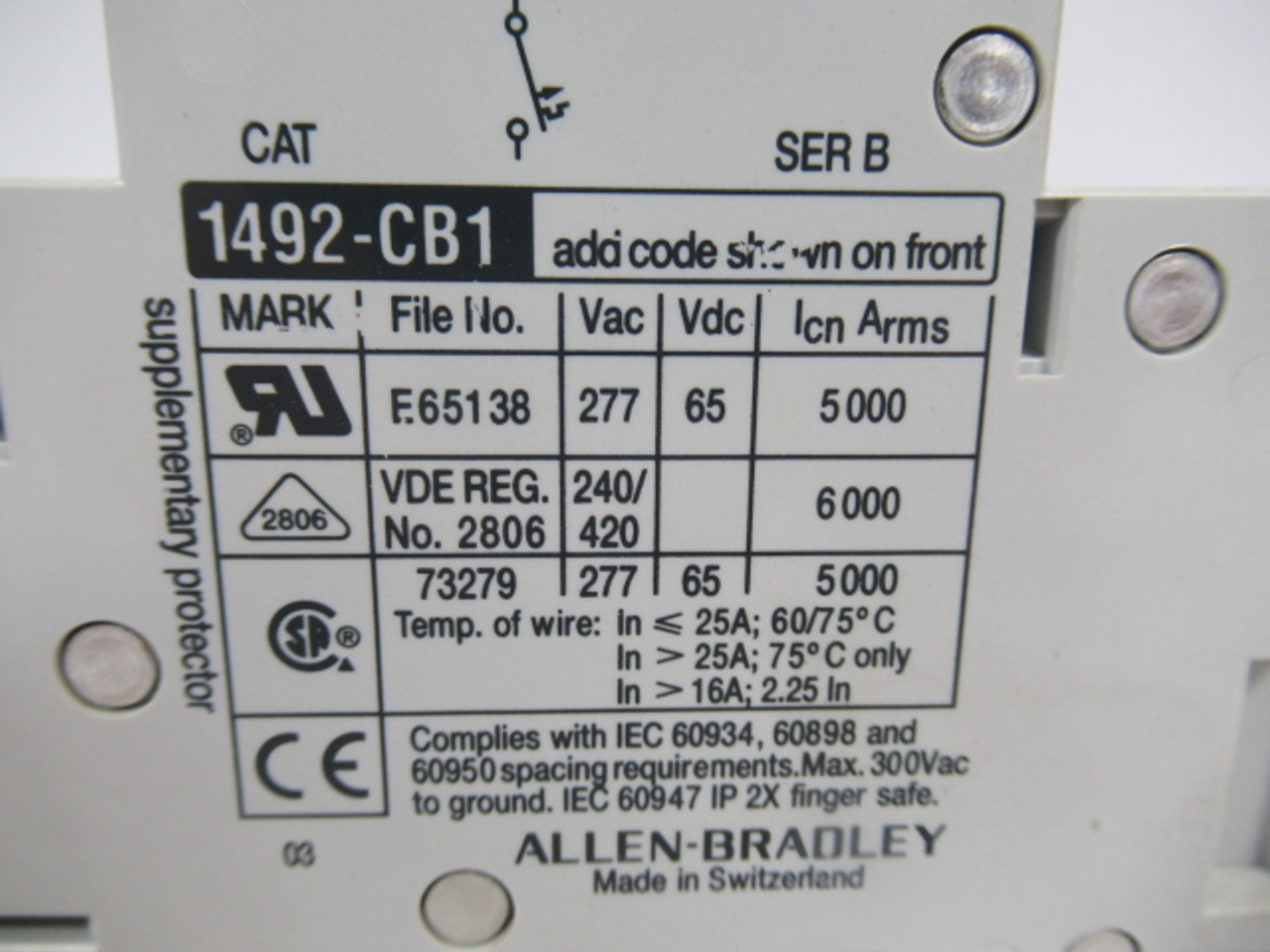 Allen-Bradley 1492-CB1-H040 Ser B Circuit Breaker 4Amp 1 Pole USED