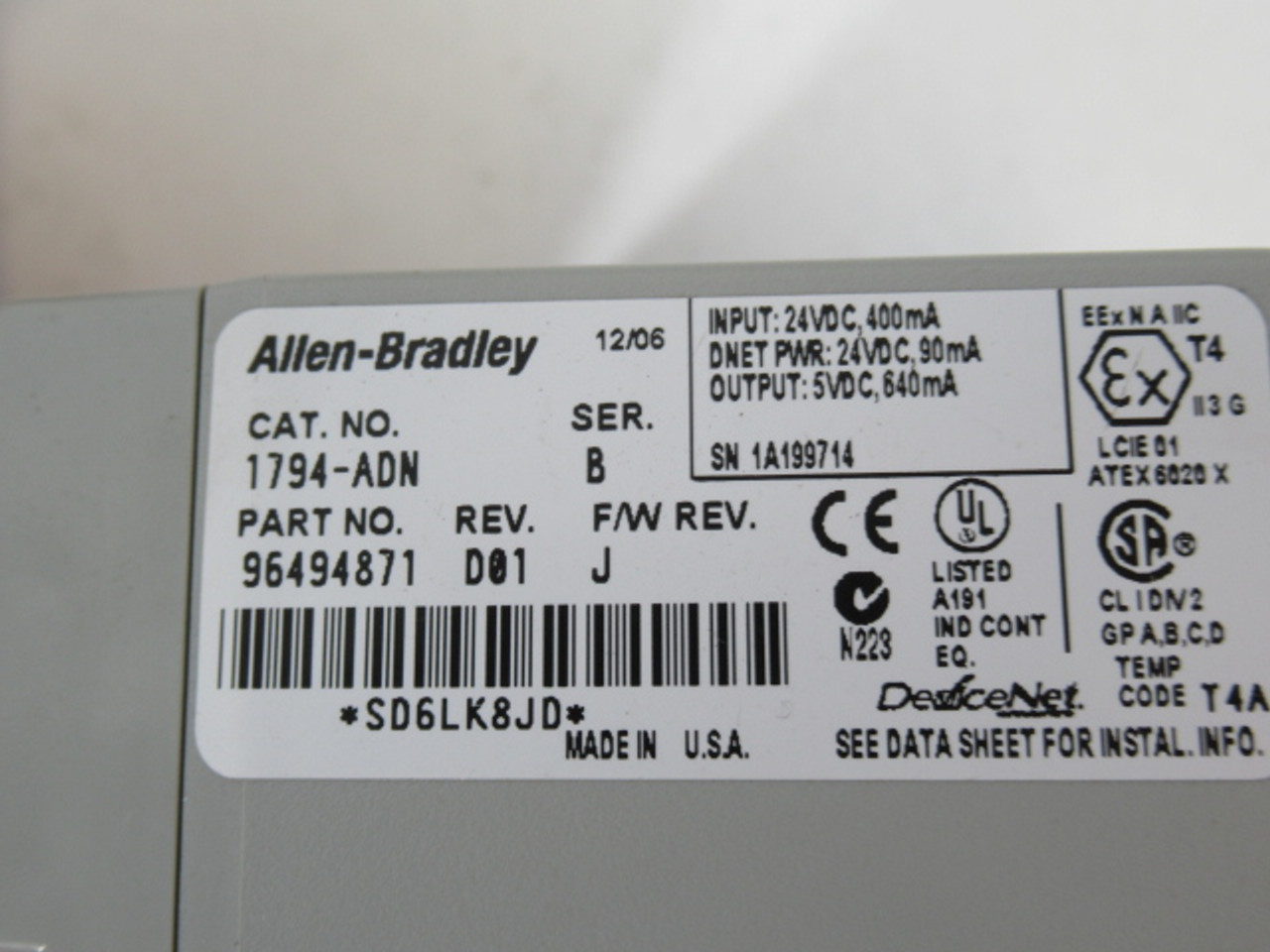 Allen-Bradley 1794-ADN Ser B Flex I/O 24VDC Adapter 96494871 Rev D01 USED