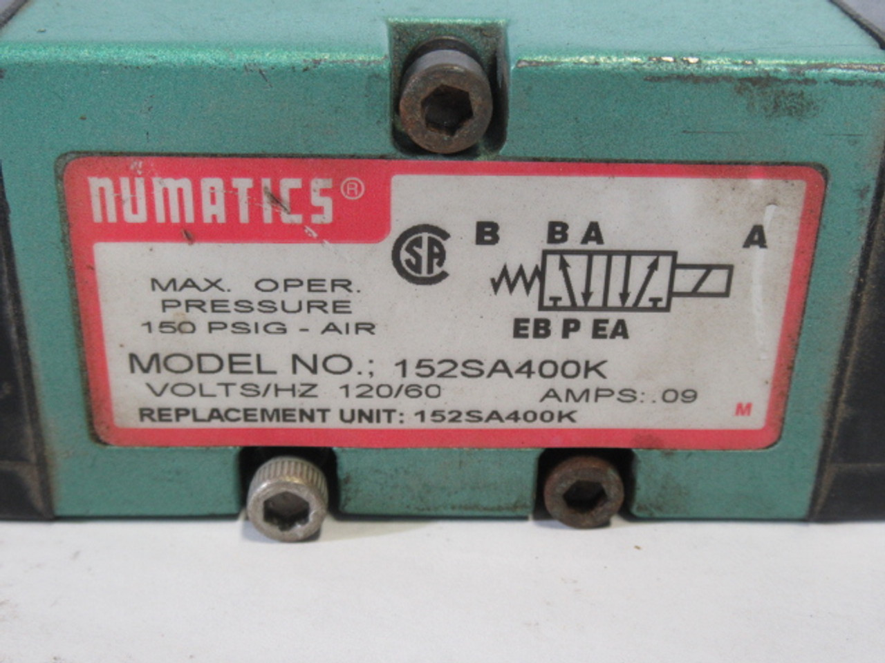 Numatics 152SA400K Solenoid Valve w/2 Coils 150PSIG 120V@60Hz .09A USED