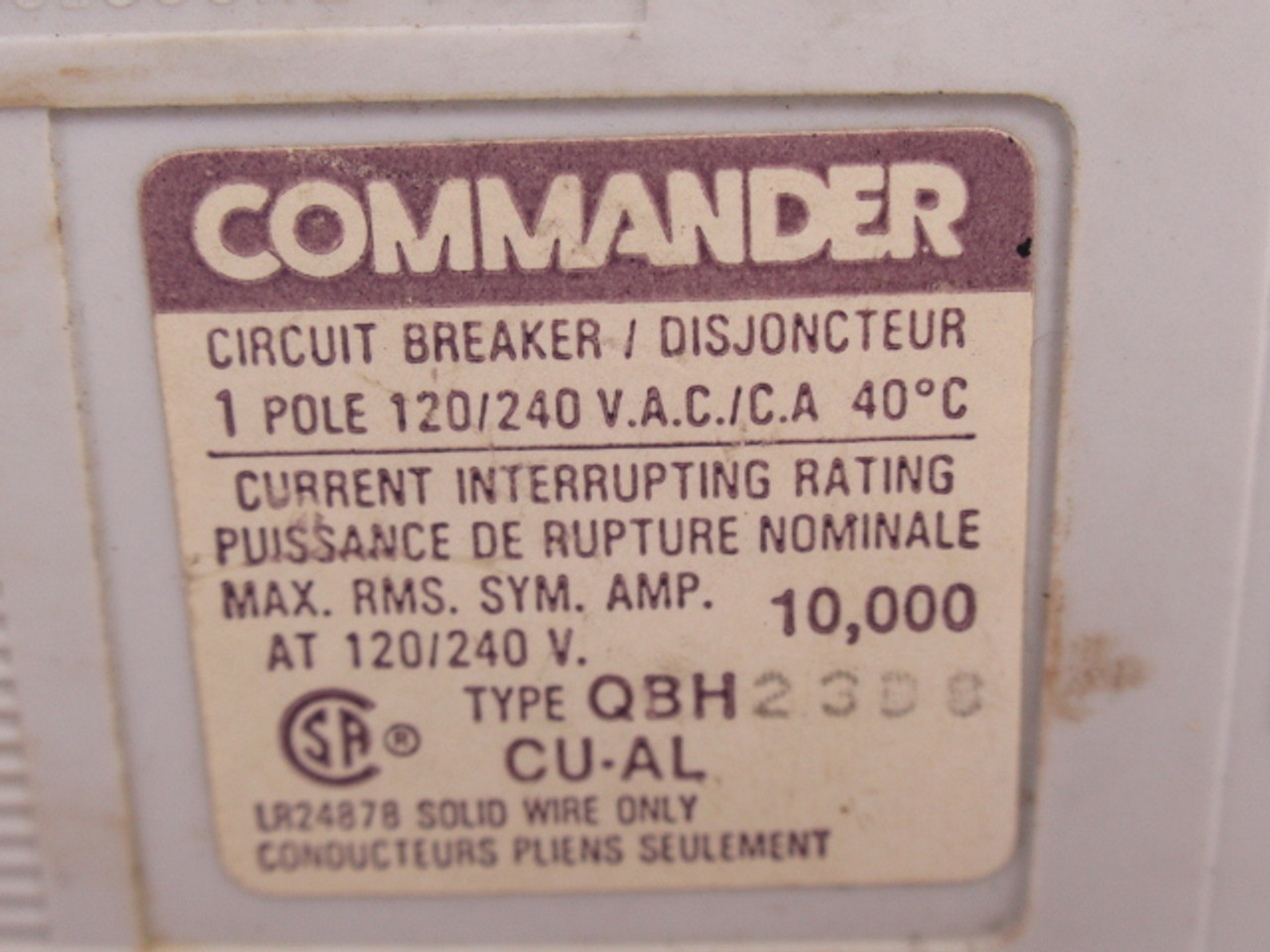 Commander QBH15 White Circuit Breaker 15A 120/240VAC 1 Pole USED