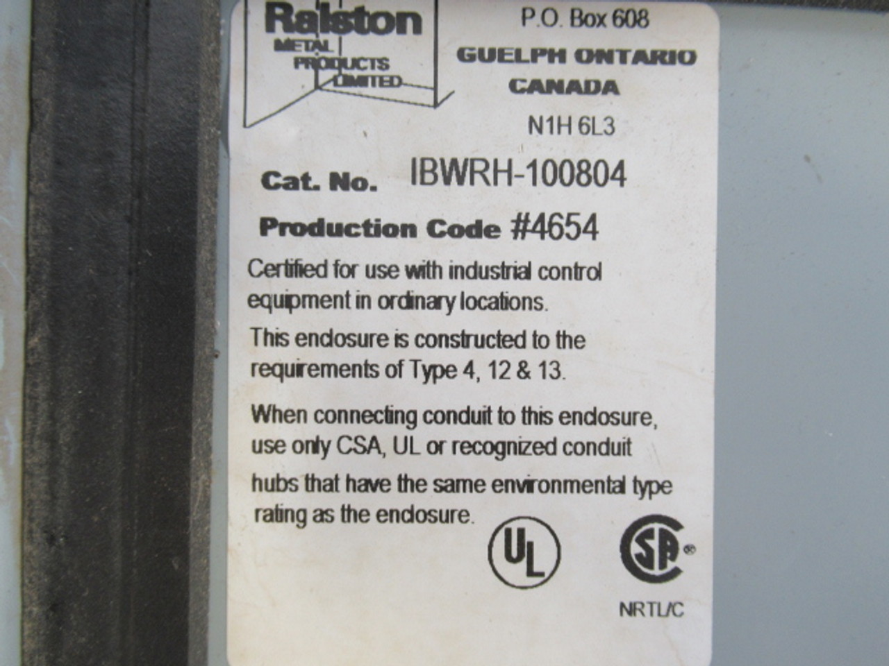 Ralston IBWRH-100804 JIC Enclosure 10x8x4" MISSING 1 LATCH & 5 SCREWS USED