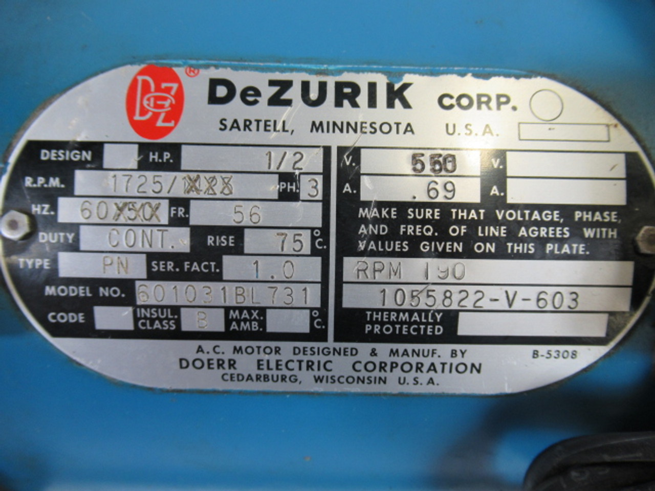 DeZurik 601031BL731 Motor 1/2HP 1725RPM 550V 56 3Ph 0.69A 60Hz ! AS IS !