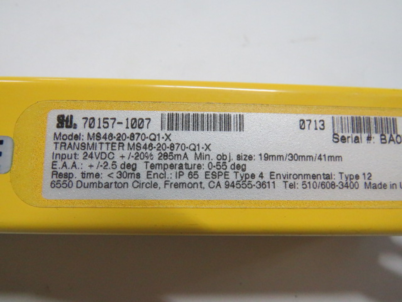 STI MS46-20-870-Q1-X Light Curtain Transmitter 24VDC 285mA USED