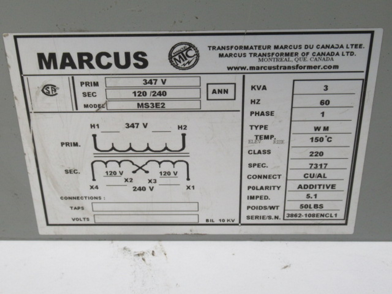 Marcus MS3E2 Dry Type Transformer 3kVa Pri 347V Sec 120/240V 1PH USED