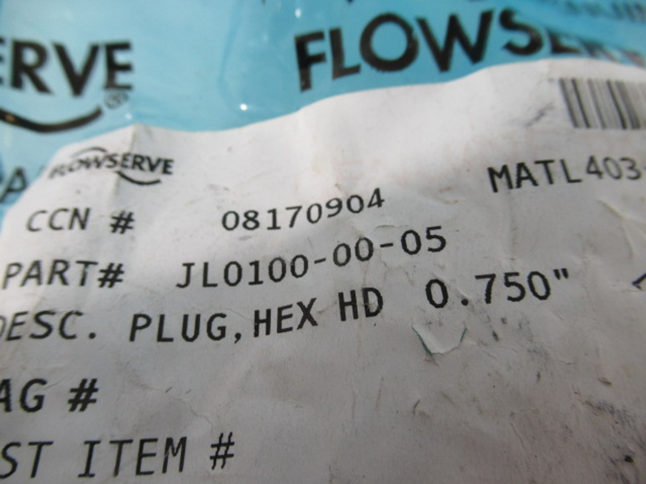 FlowServe JL0100-00-05 08170904 403 Hex Head Plug .750" Lot of 3 ! NWB !