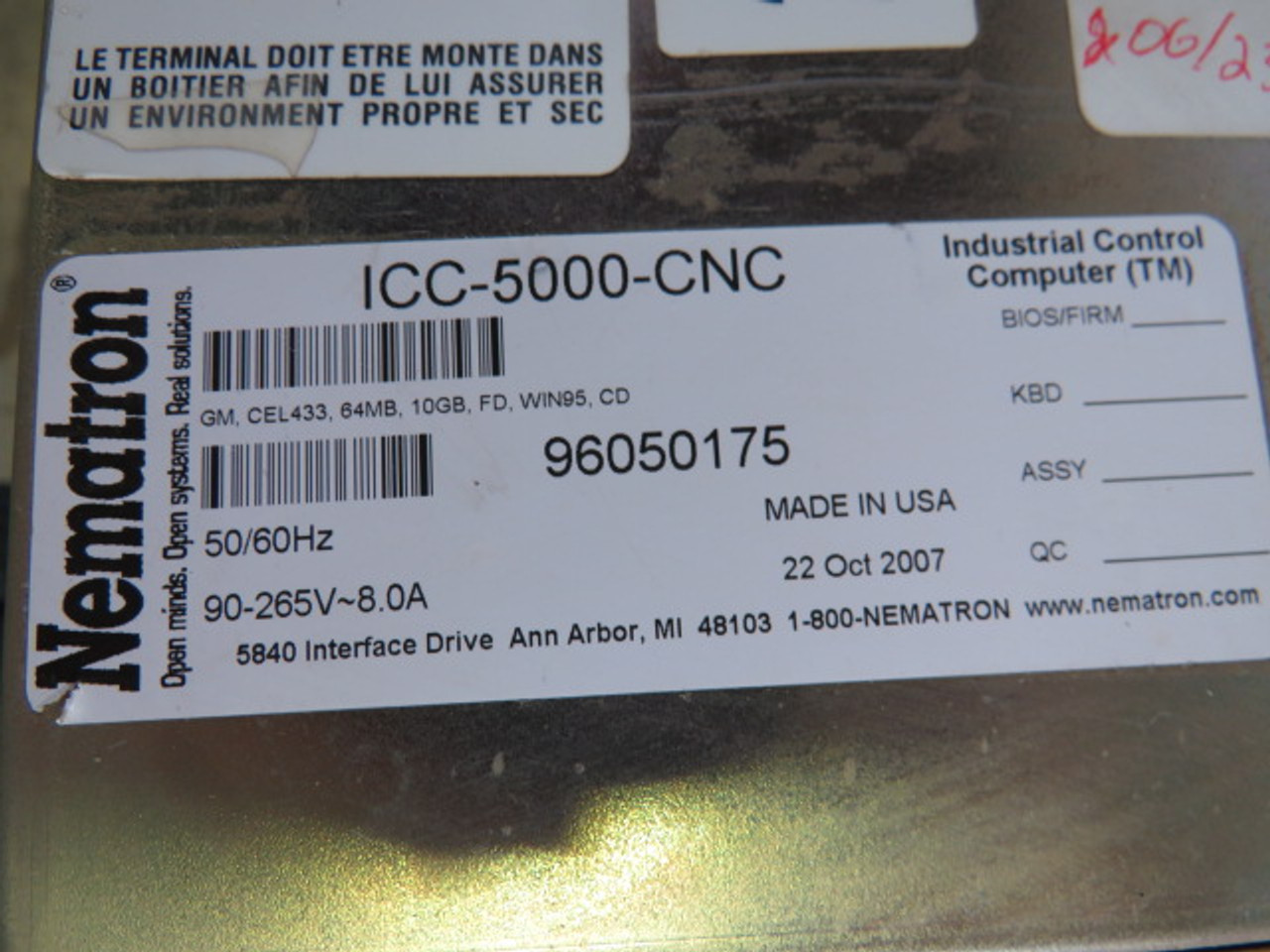 Nematron ICC-5000-CNC Control Interface Panel 90-265V 8A 50/60Hz USED