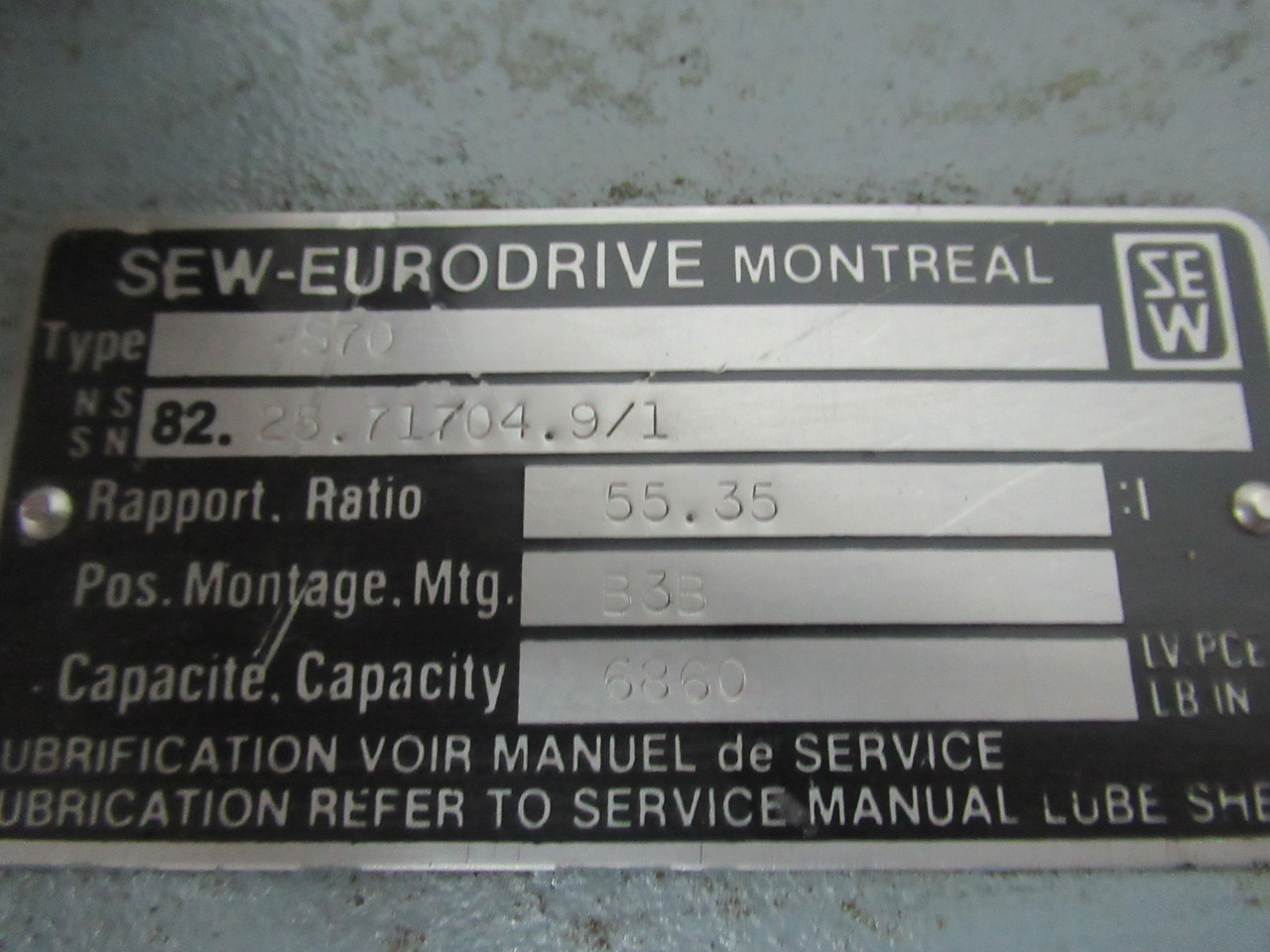 Sew-Eurodrive S70 Gear Reducer 55.35:1 6860lb-in USED
