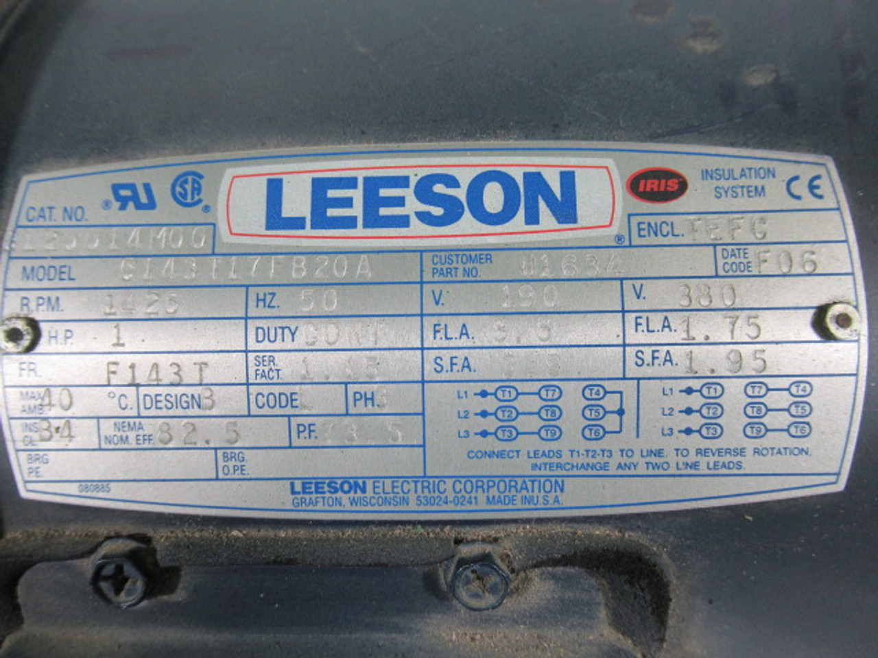 Leeson 1HP 1425RPM 190/380V F143T TEFC 3PH 3.5/1.75A 50Hz USED