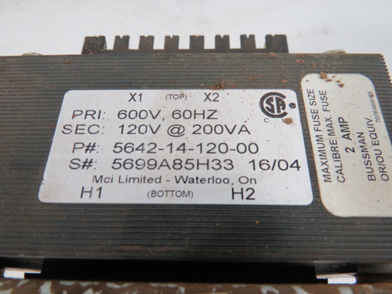 MCI 5642-14-120-00 Transformer 200VA Pri 600V Sec 120V 1Ph USED