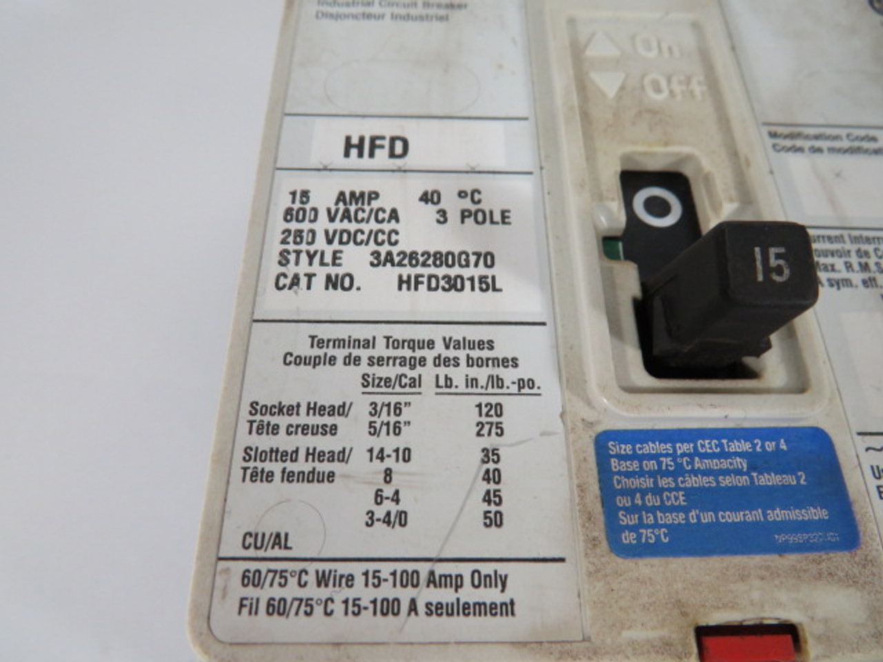 Eaton HFD3015L Circuit Breaker 15A 600VAC 250VDC 3-Pole USED