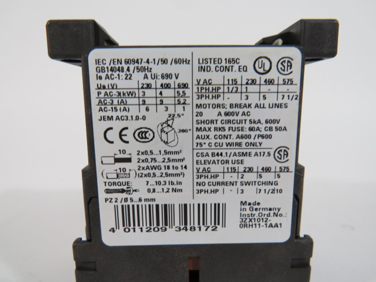 Siemens 3RT1016-1AK61 Power Contactor 110VAC@50Hz/120VAC@60Hz 3-Pole USED