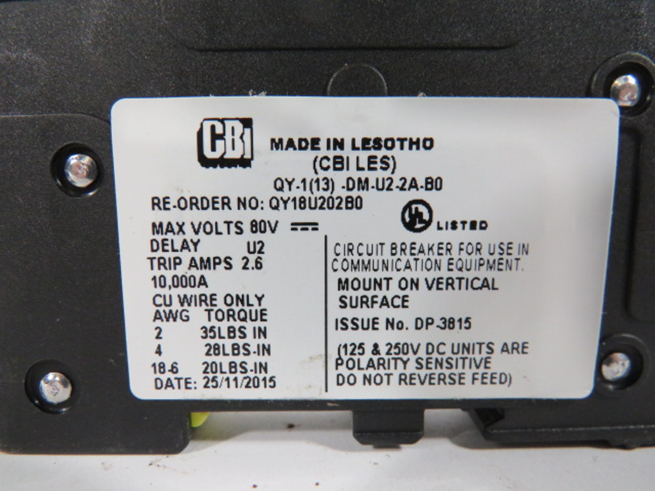 CBI QY-1(13)-DM-U2-2A-B0 Mini Circuit Breaker 2A 80V 1-Pole USED
