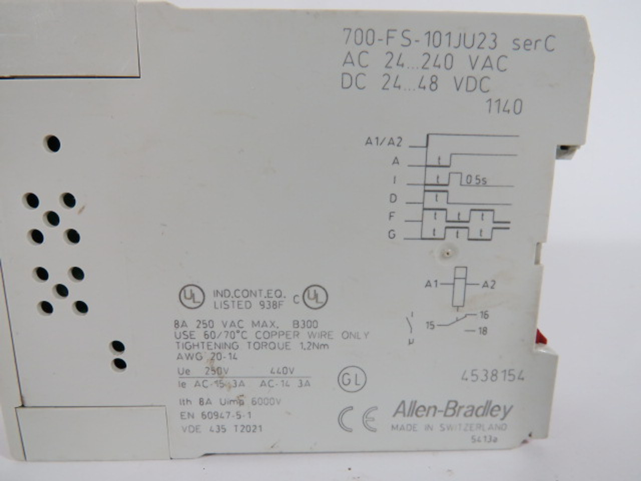 Allen-Bradley 700-FS-101JU23 Timing Relay Ser C 24-240VAC 8A BROKEN TAB USED