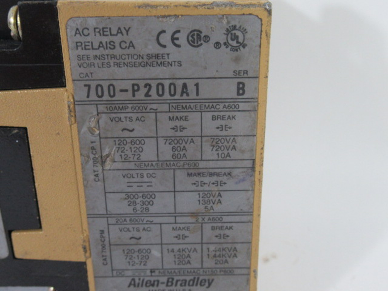 Allen-Bradley 700-PL200A1 Series C Relay w/Mechanical Latch *Crack* USED