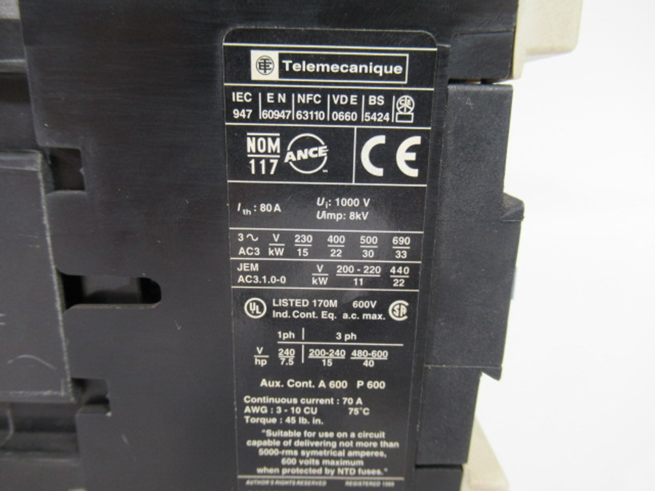 Telemecanique LC1-D5011-S6 Contactor 575V@60Hz 80A USED