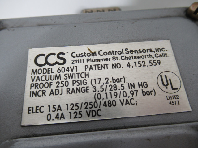 Custom Control Sensors 604V1 Vacuum Switch 1/4 NPT 3.5/28.5"HG 17.2 bar USED
